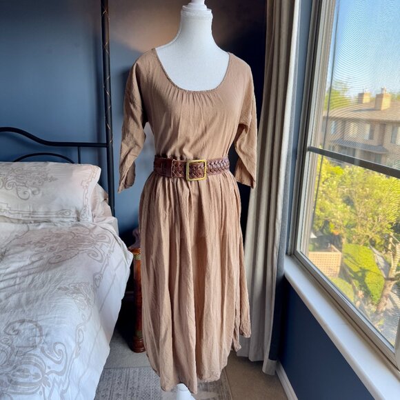 100% Cotton French Peasant Cottagecore Tan Dress - Picture 1 of 11